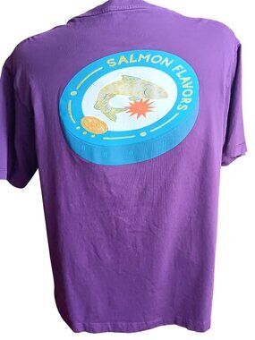 Large Vintage T-shirt Purple Salmon Flavors Graphic T-Shirt 2 Sided Can
